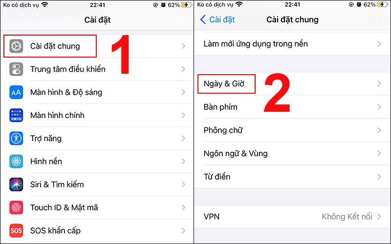 Chọn Ngày & Giờ trong mục Cài đặt chung